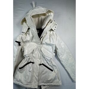 SAM. New York Women's Glossy White Puffer Parka Hooded Fur Trim Size M Vintage